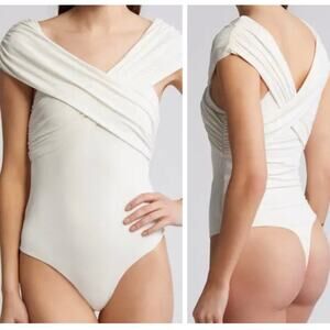 Rue Sophie Lara Crossover Bodysuit Small Women Thong Wrap Snap Modal Chic Ruched